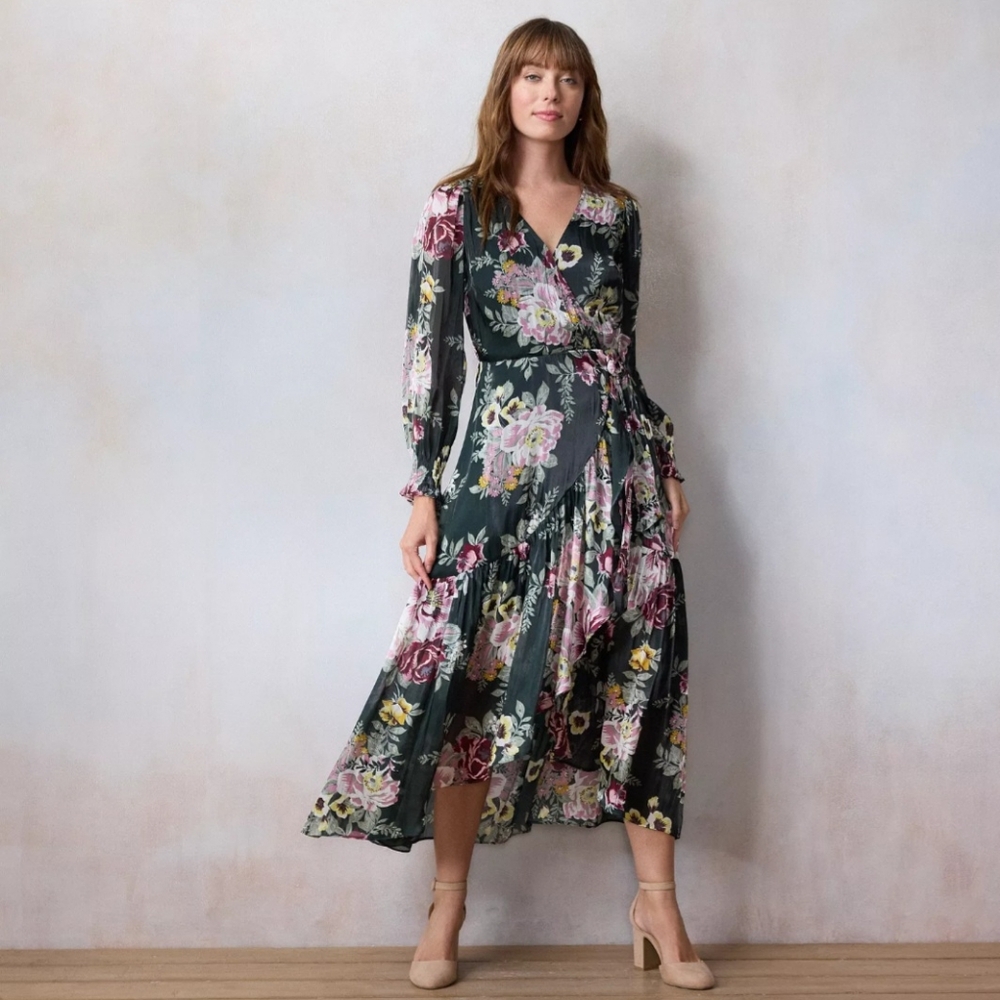 LC Lauren Conrad Dark Green Floral Maxi Dress Size Petite Small